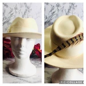 Vintage Lancaster Cream Wool Felt Feather Fedora